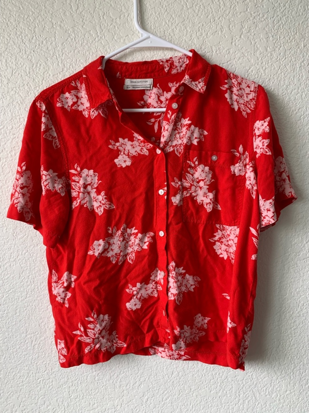 Urban Outfitters Red Floral Short-Sleeve Button-Up Blouse